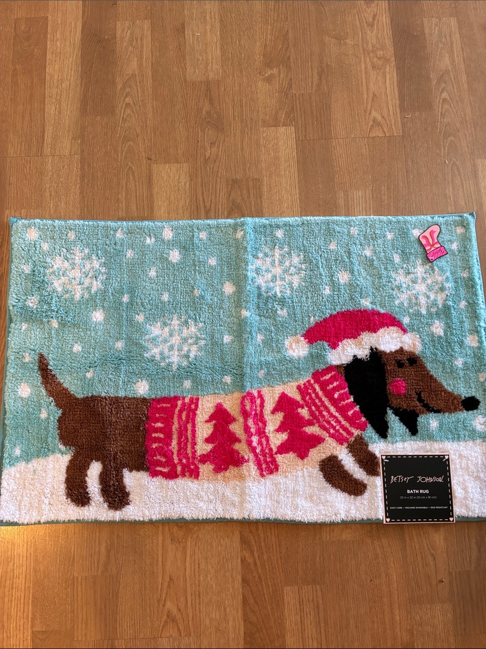 Betsey Johnson Teal & Pink Dachshund Holiday Bath Mat